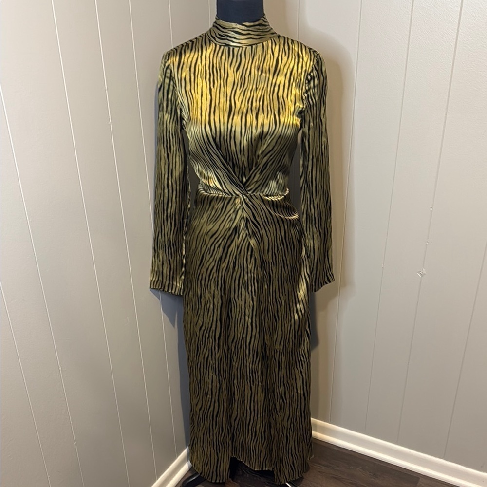 Green & Black Mock Neck Animal Print Silky Pleated Long Sleeve Cocktail Maxi XS